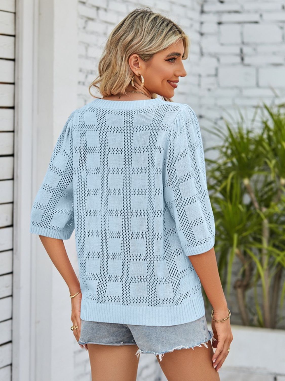 BELLA openwork round neck knit top from trendsi, featuring a stylish breathable design and intricate open-knit pattern.