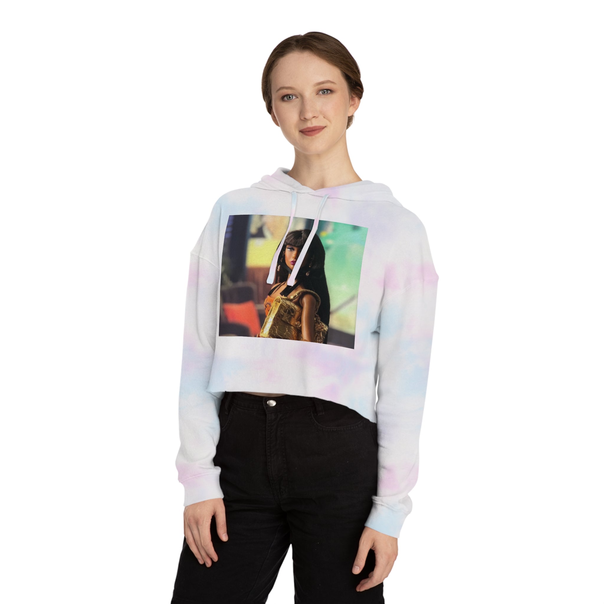 BELLA Pretty Doll World cropped hooded sweatshirt with colorful print, casual style, and comfortable fabric.
