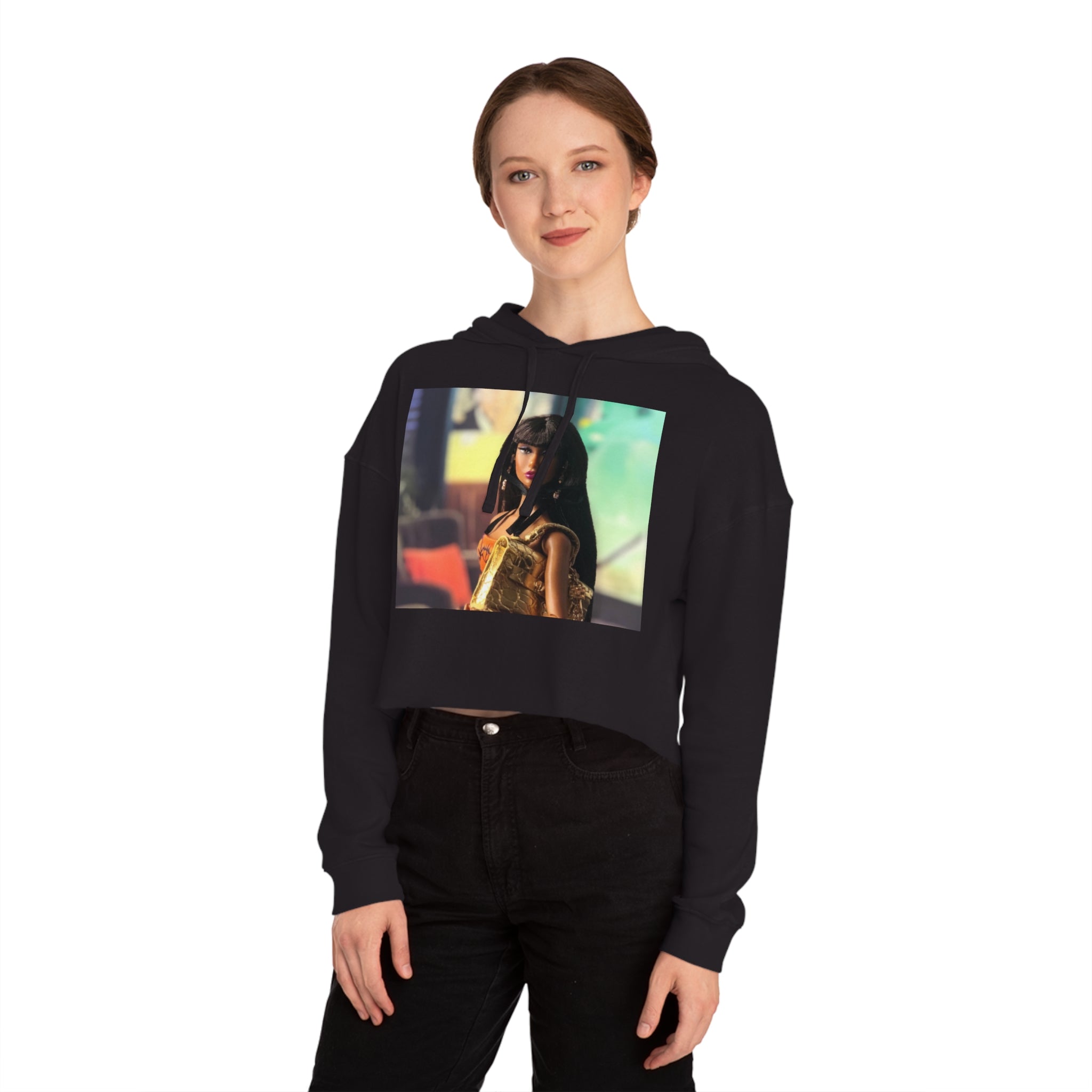 BELLA Pretty Doll World cropped hooded sweatshirt with colorful print, casual fit, and hood, suitable for everyday wear.