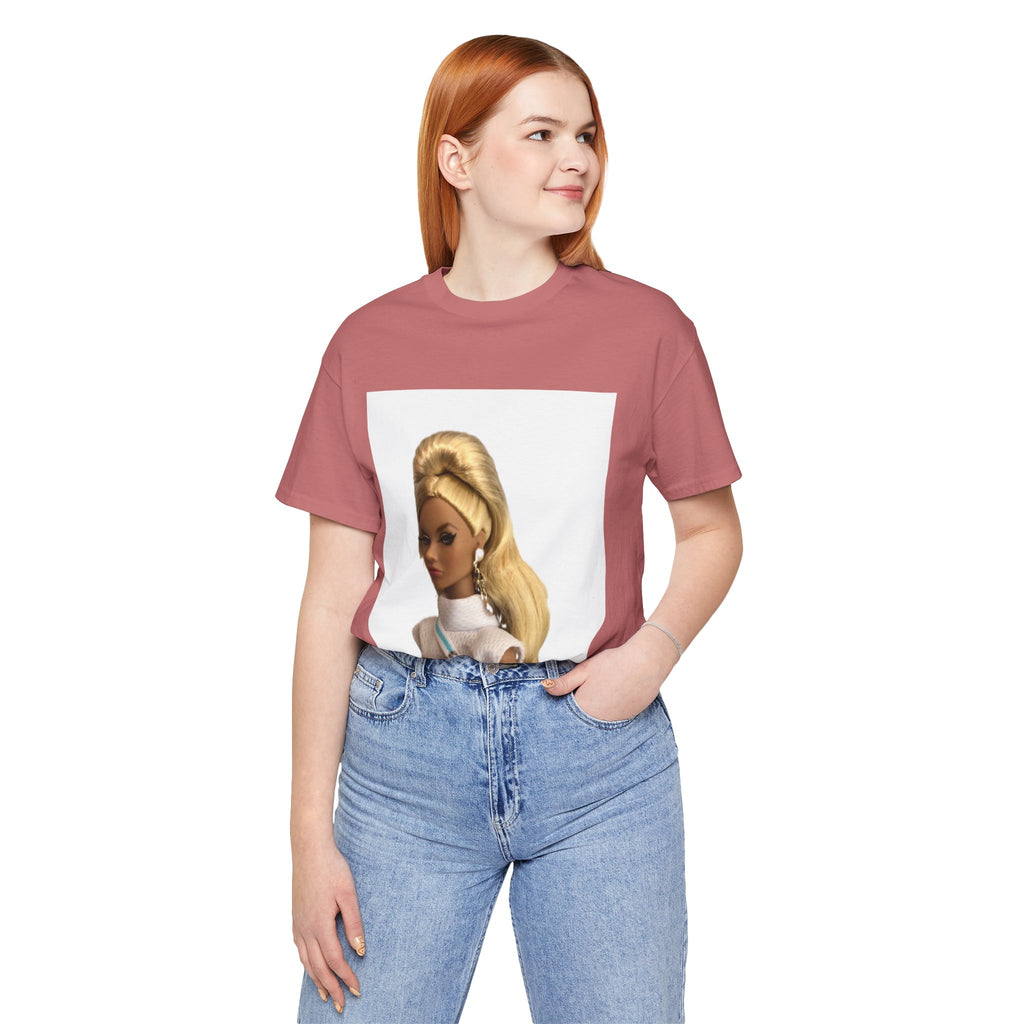 Pink short sleeve tee for girls featuring a Pretty Doll World print by BELLA, casual children's clothing.