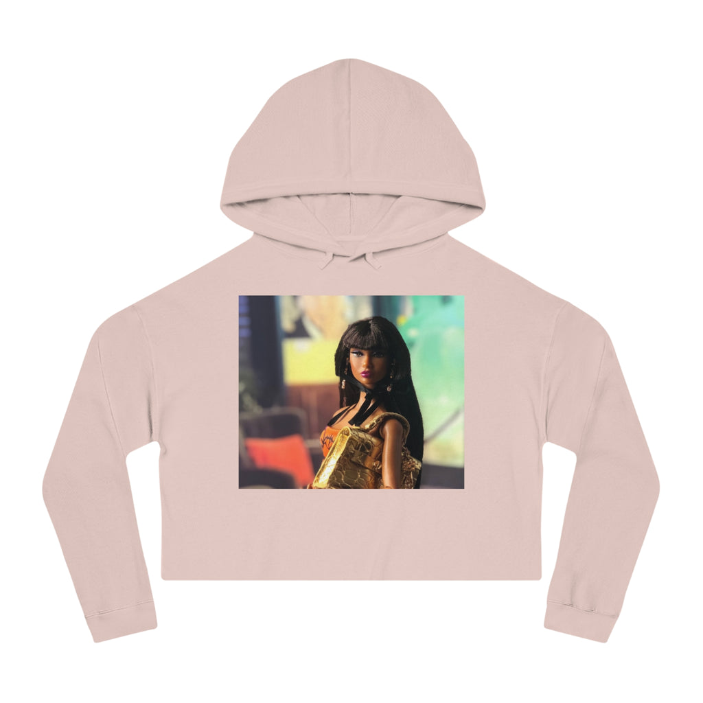 BELLA Pretty Doll World cropped hooded sweatshirt with colorful print, casual fashion top for women.