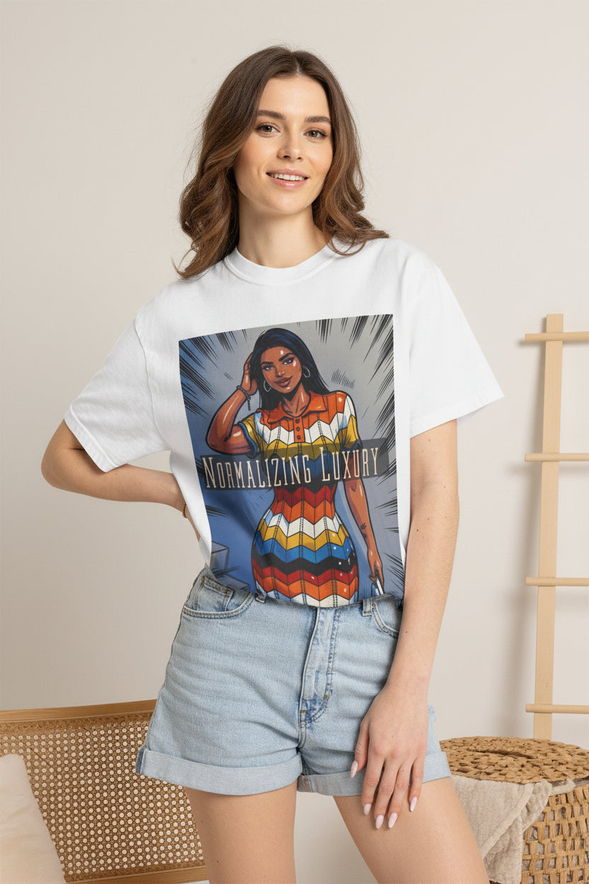 Graphic T-Shirt — "Normalizing Luxury" Retro Woman Design with QR Code