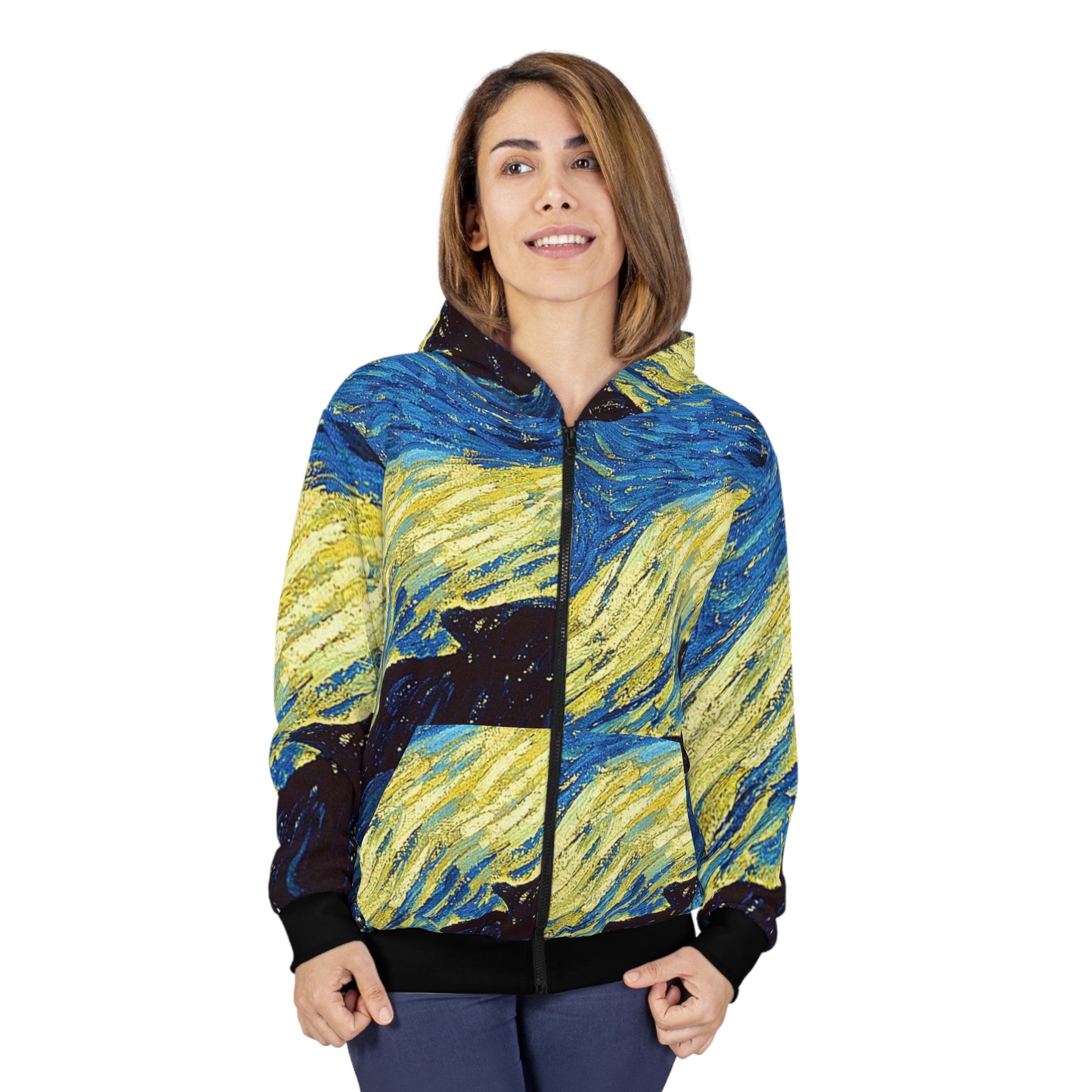 BELLA Zip Hoodie Water Colors printify with vibrant watercolor design, front zipper, and hood, casual streetwear style.