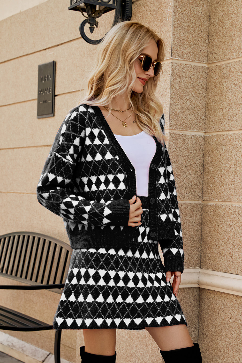 BELLA geometric button front cardigan and skirt set from trendsi, featuring bold patterns and coordinated knitwear ensemble.