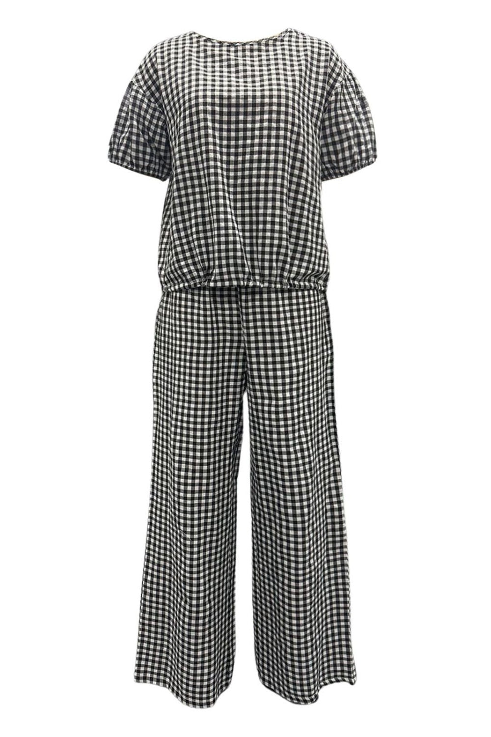 BELLA plaid round neck half sleeve top and matching pants set, featuring a stylish checkered pattern and comfortable fit.