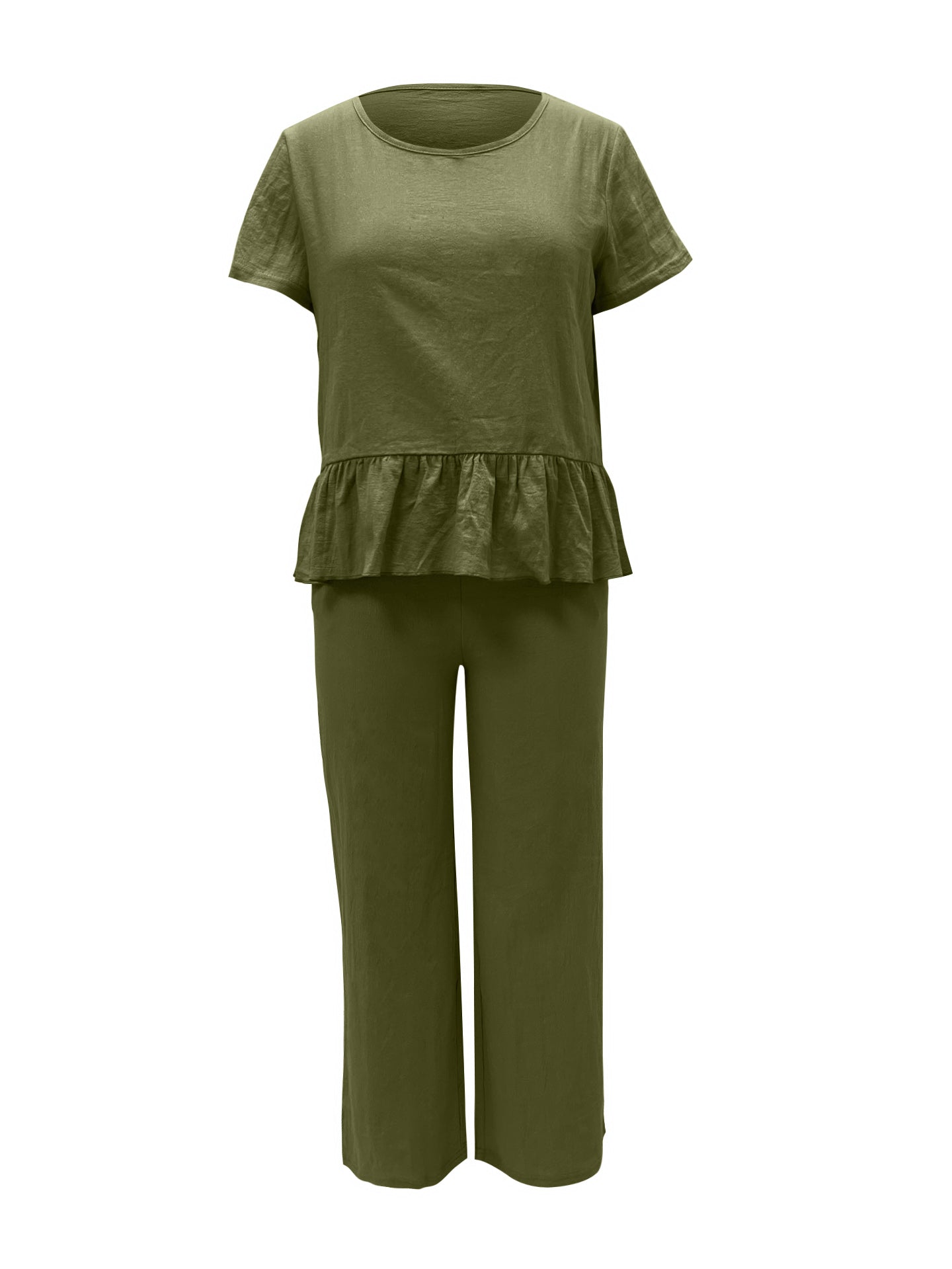 BELLA trendsi peplum round neck short sleeve top and matching pants set, stylish and comfortable casual wear.