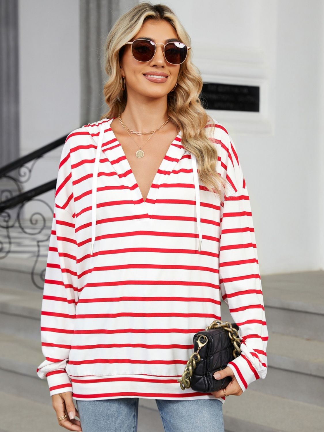 Striped long sleeve hoodie with drawstring from BELLA BLA, featuring a casual fit and trendy design.