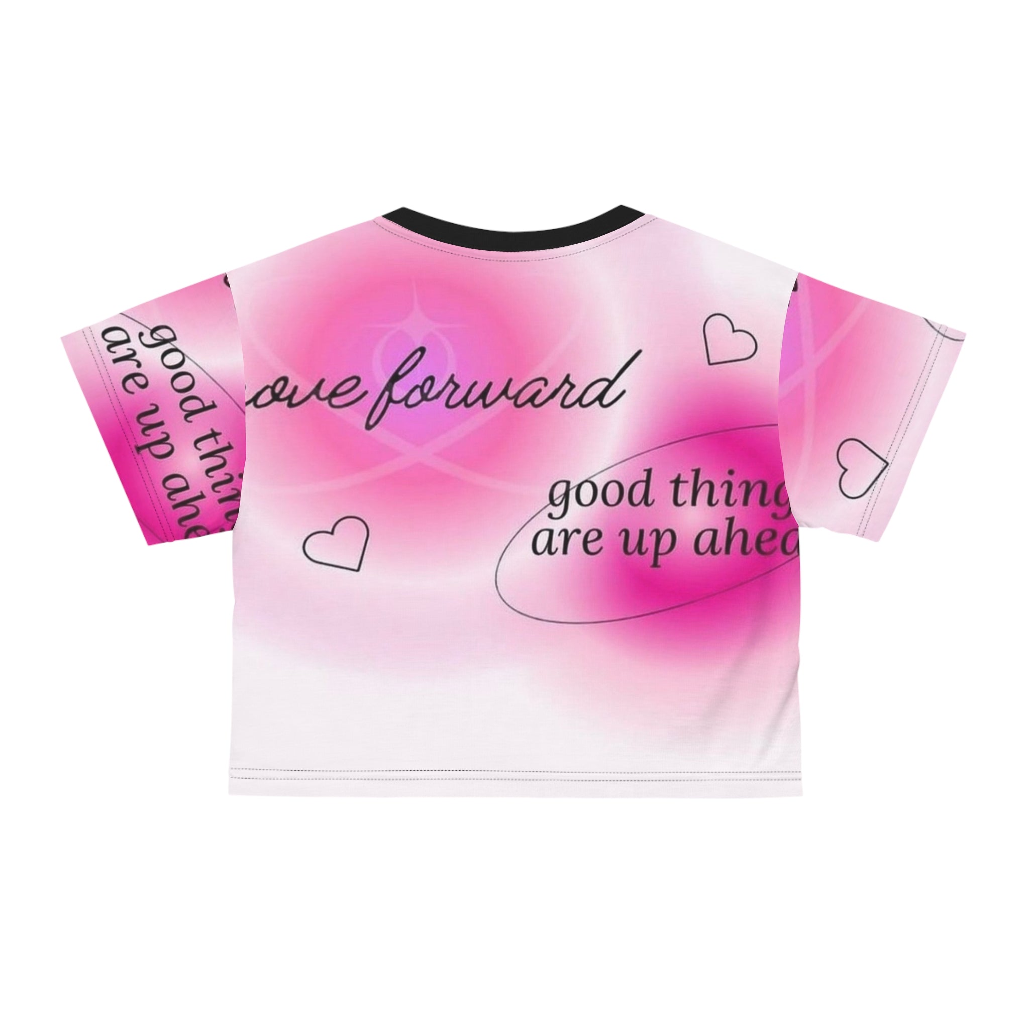 BELLA Good Things are Up Ahead crop tee with colorful printed design on soft fabric, casual style for everyday wear.