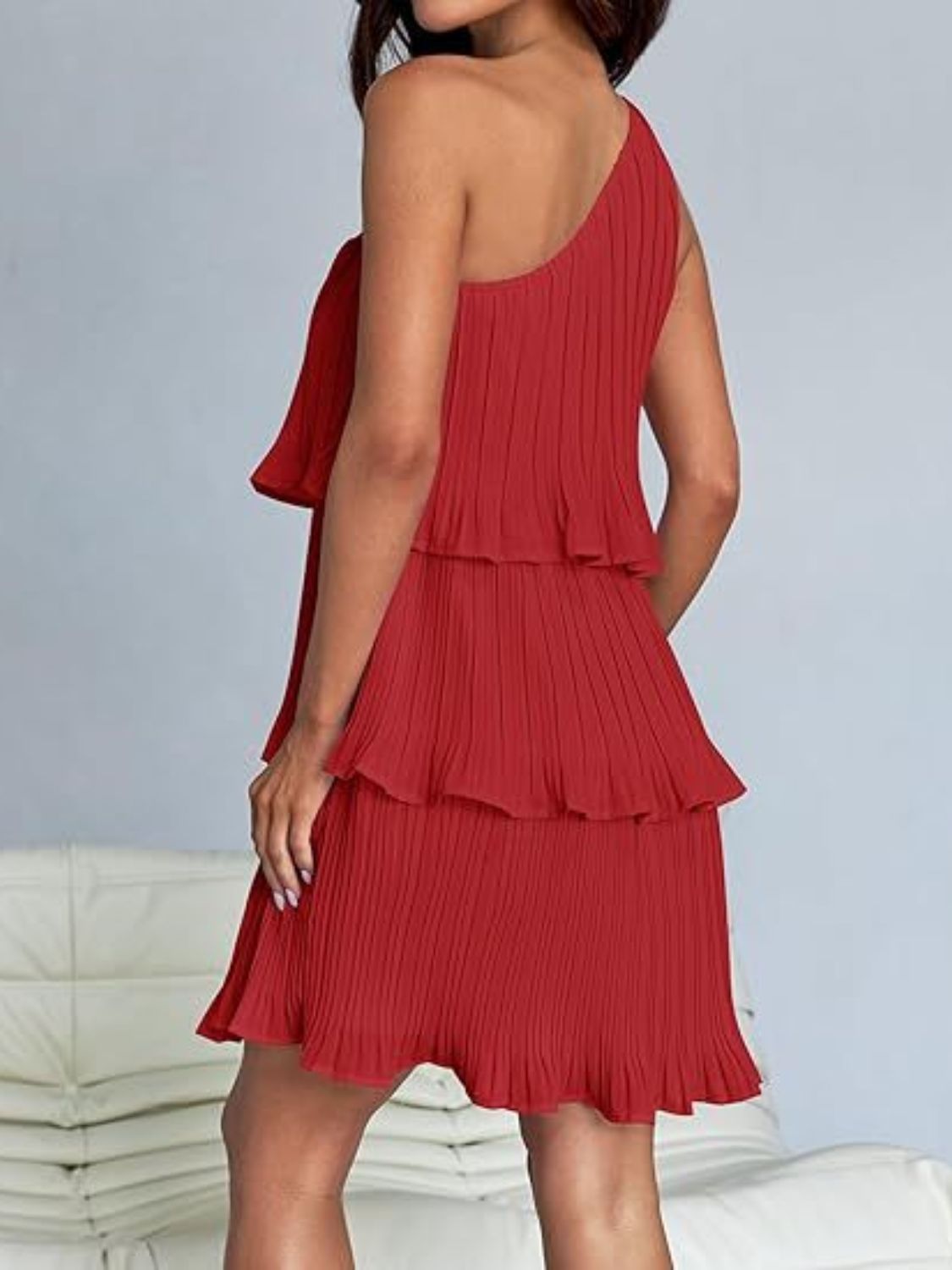 BELLA layered single shoulder mini dress from trendsi, featuring a stylish design with a single shoulder strap and layered fabric.