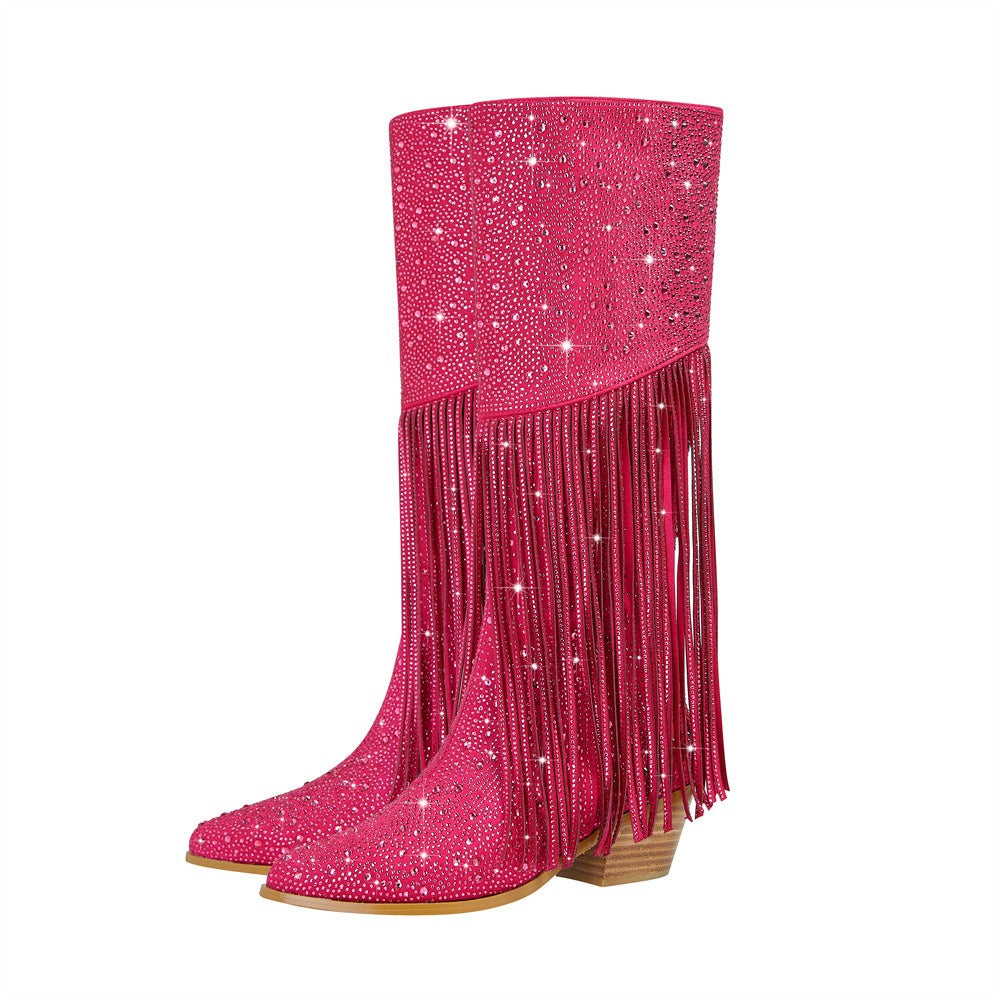 Rhinestone Long Fringe Boots