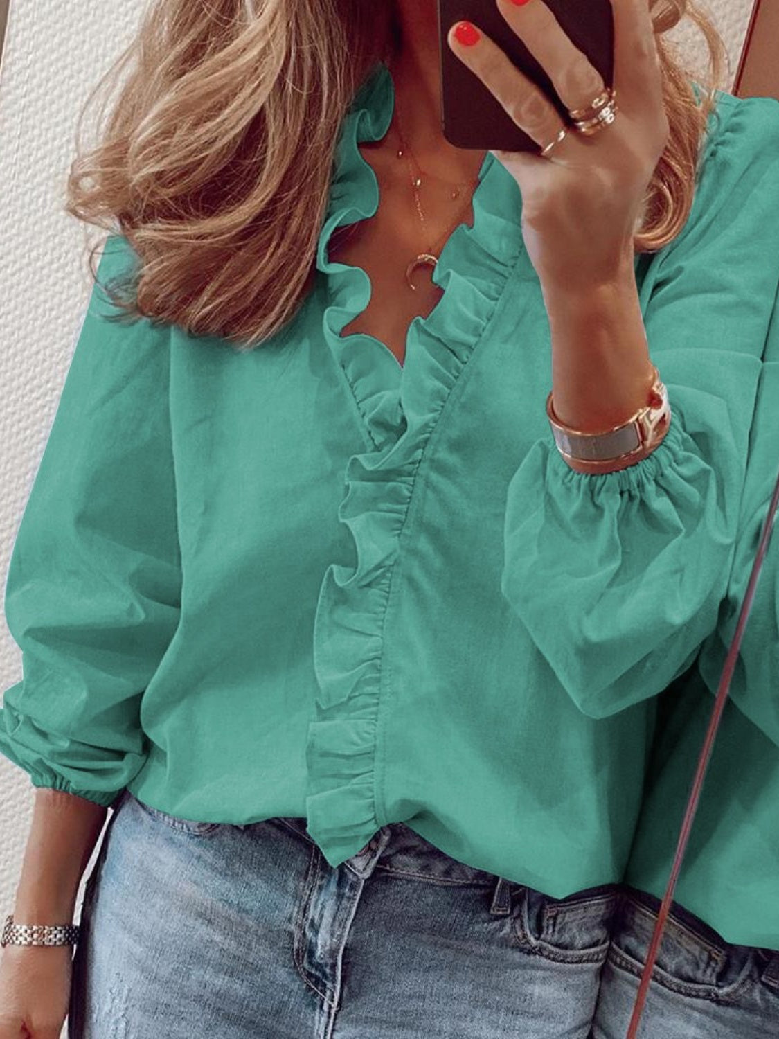 BELLA BLA full size ruffled v-neck long sleeve blouse with pleated ruffles and feminine design, shown from the front.