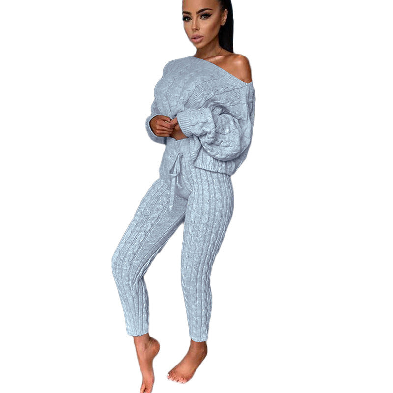 BELLA knitted two-piece set from CJ Drop Aliexpress, featuring a cozy, stylish matching top and bottom in soft yarn.