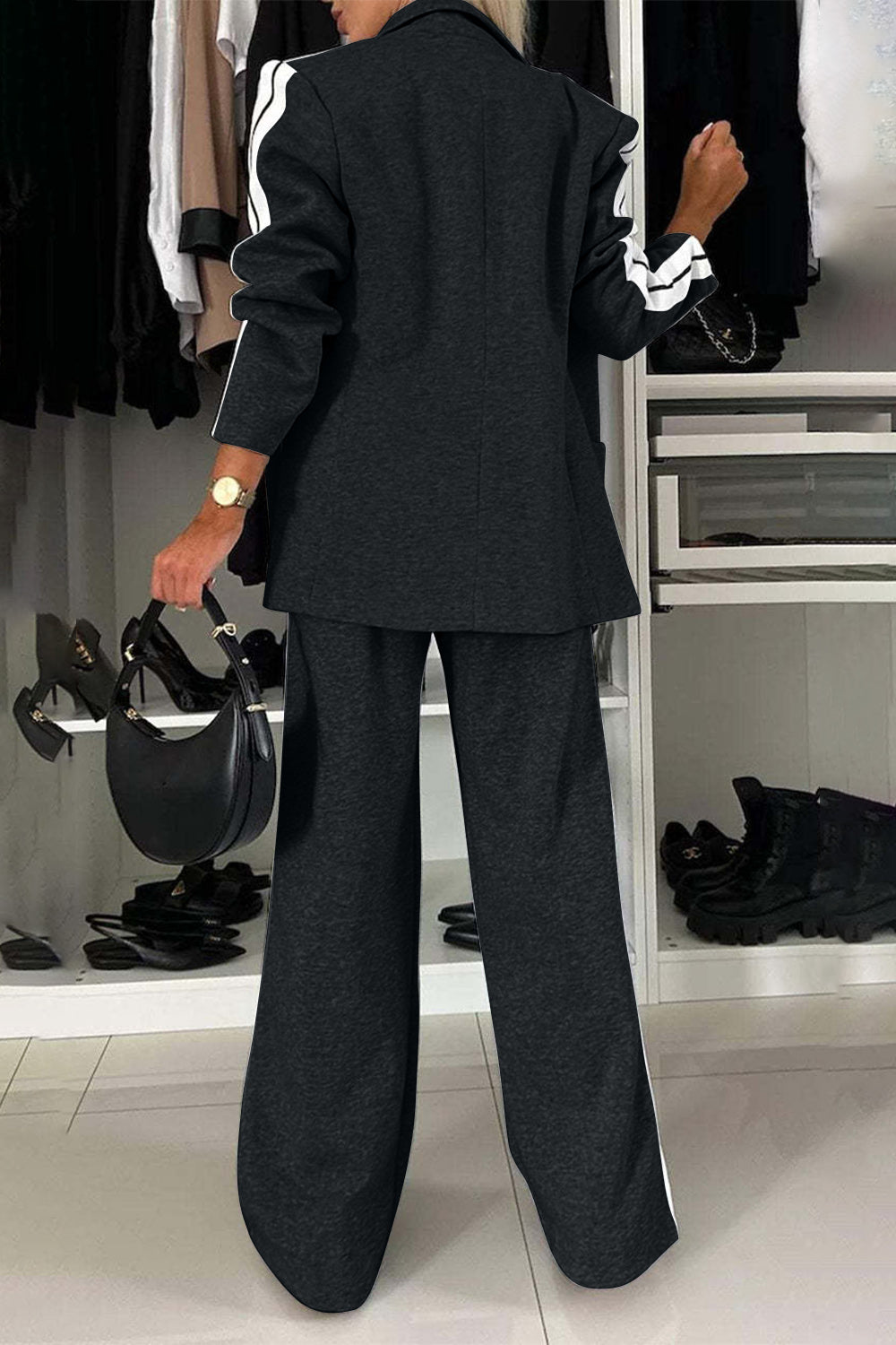 BELLA trendsi full size contrast lapel collar top and pants set, stylish matching outfit with tailored lapel details and comfortable fit.