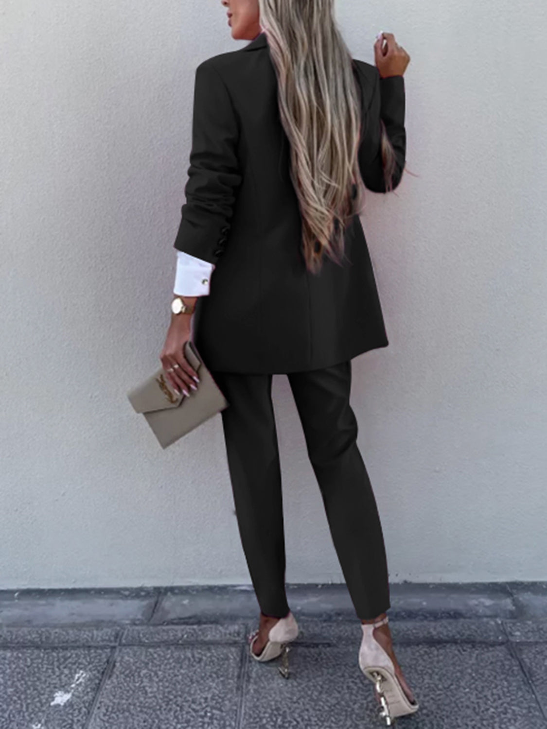 BELLA trendsi lapel collar long sleeve blazer and matching pants set, tailored fit, in a stylish professional look.
