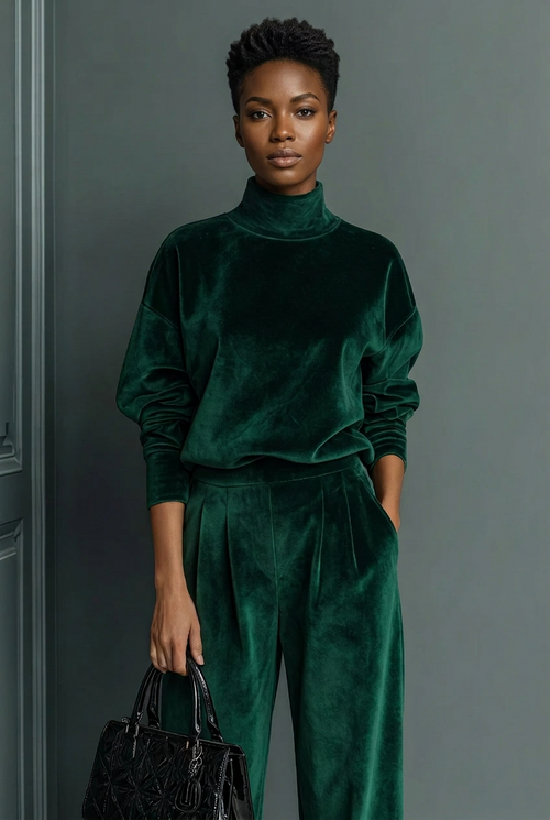 Elegant Velvet Mock Neck Top and Wide-Leg Pants Set