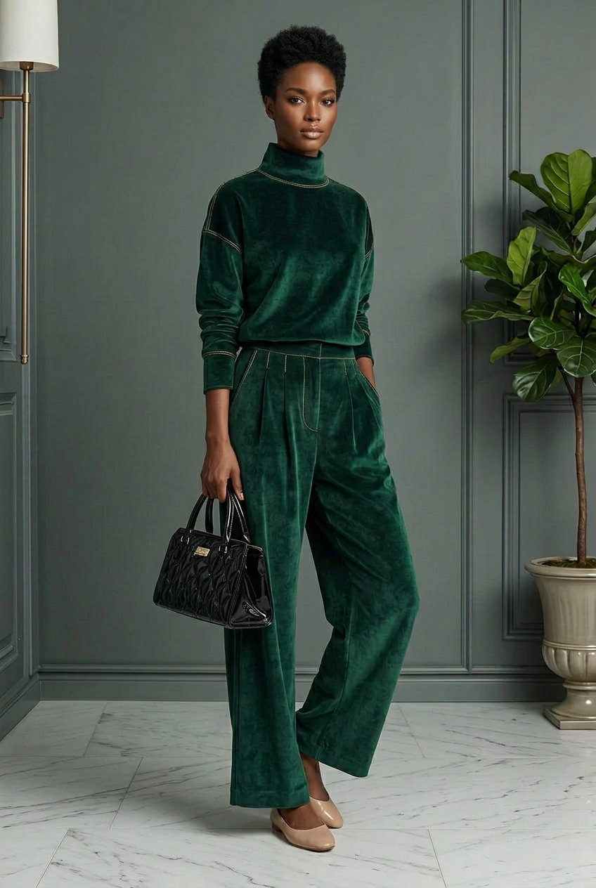 Elegant Velvet Mock Neck Top and Wide-Leg Pants Set
