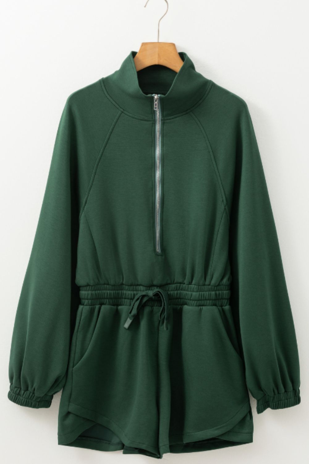 BELLA trendsi drawstring half zip long sleeve romper, featuring a comfortable fit and casual style in a soft fabric.