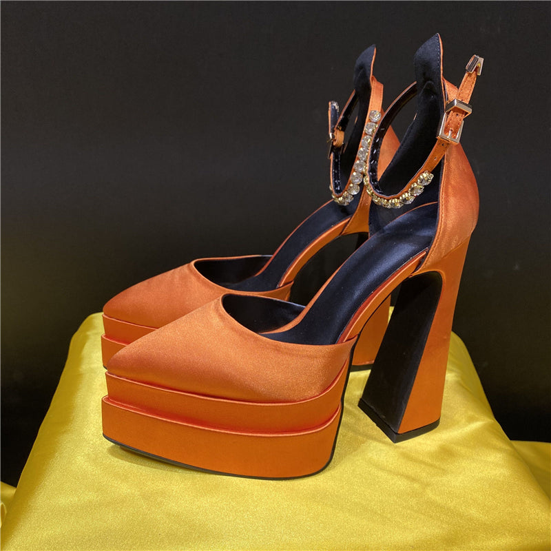 Silk Platform Rhinestone Chunky Heel