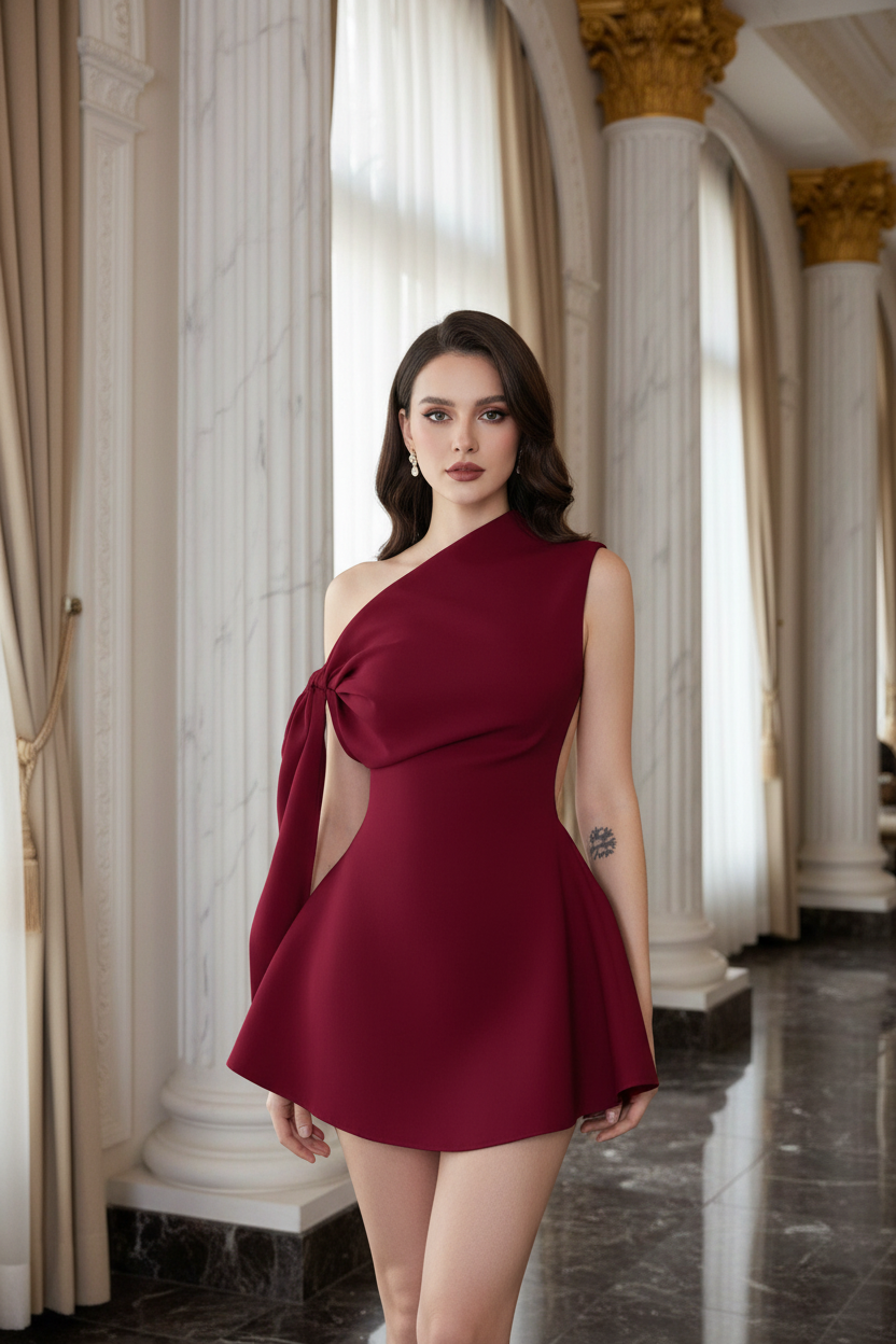 One-Shoulder Bowknot Mini Dress