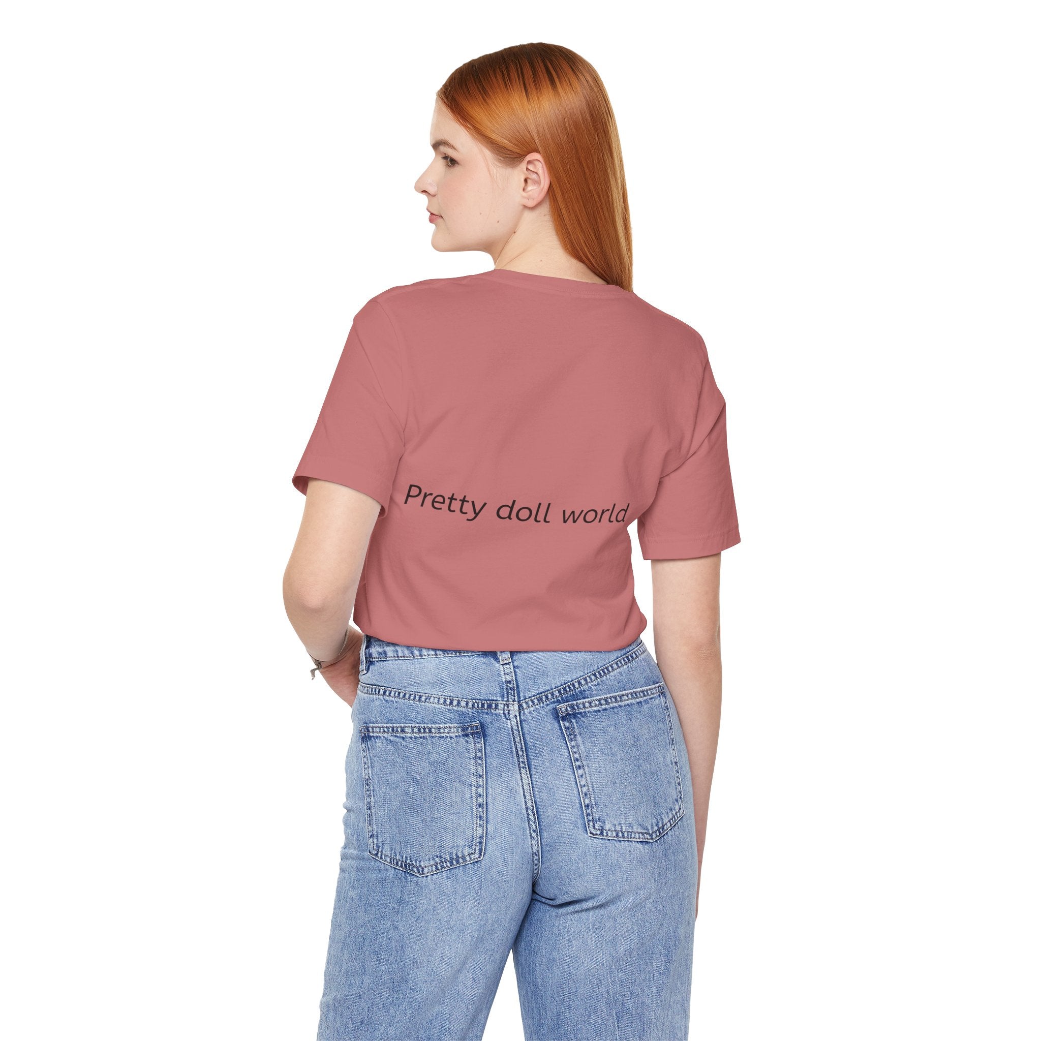 Pretty Doll World short sleeve T-shirt by BELLA featuring colorful print on a soft cotton fabric.