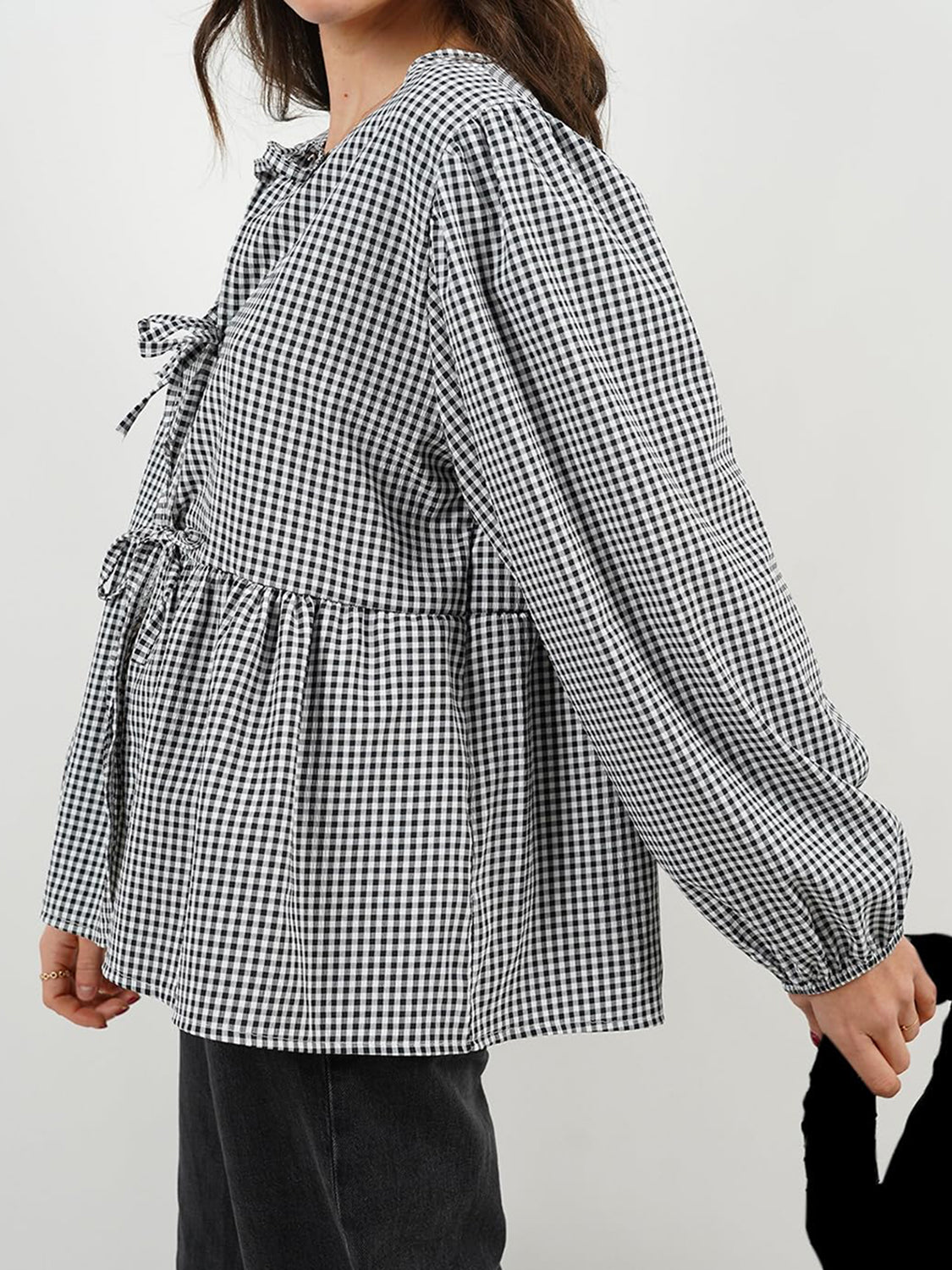 BELLA BLA tied round neck long sleeve blouse from trendsi, featuring a stylish neckline and long sleeves in a soft fabric.