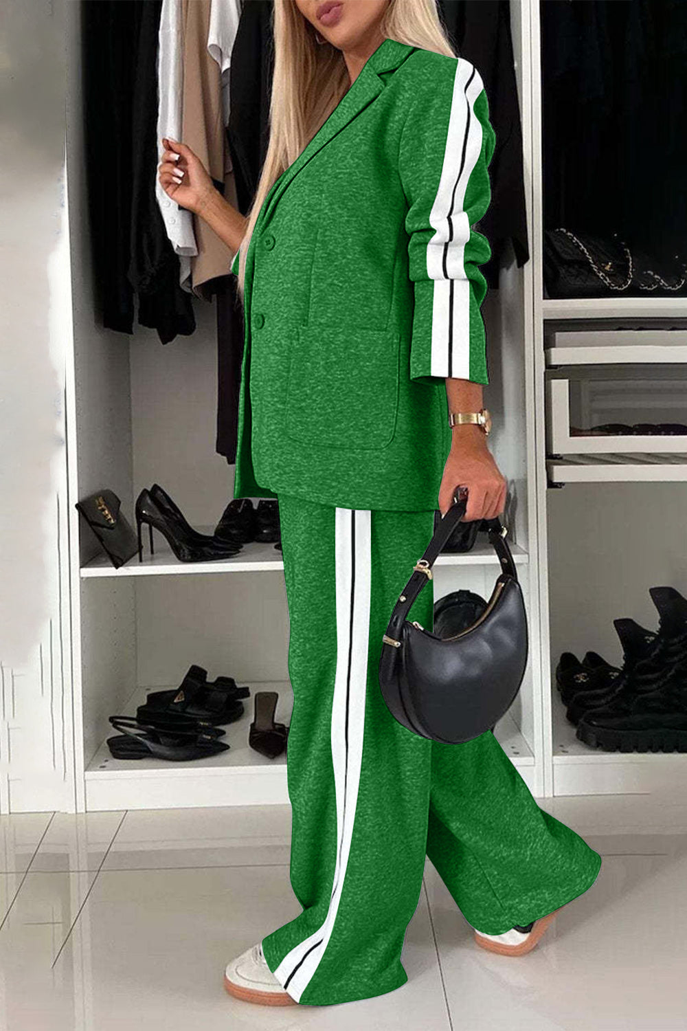 BELLA Trendsi full size contrast lapel collar top and pants set, stylish matching outfit with tailored design and trendy details.