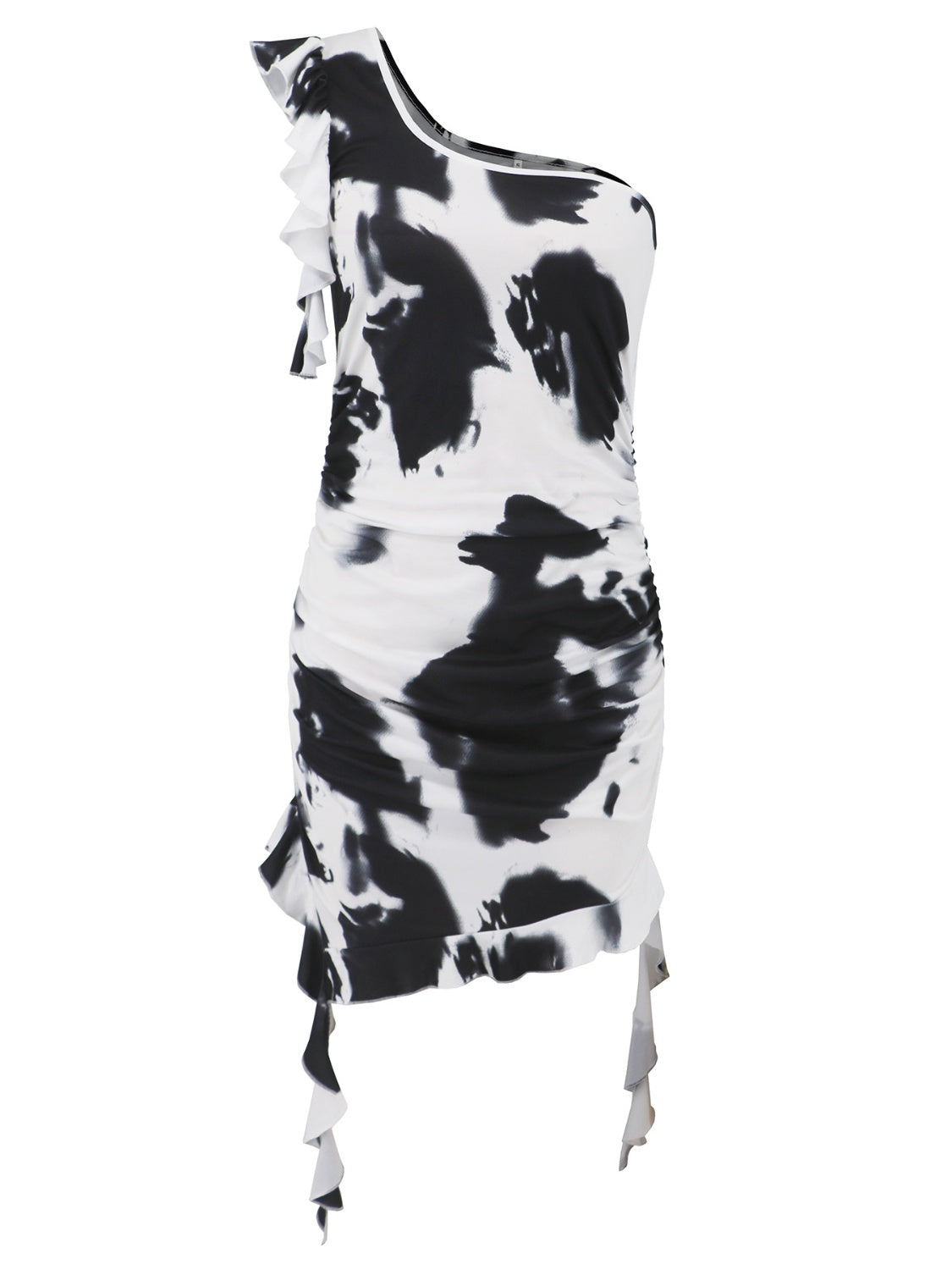 BELLA ruffled tie-dye single shoulder mini dress with a trendy, boho style, featuring a flowy silhouette and bold colorful pattern.
