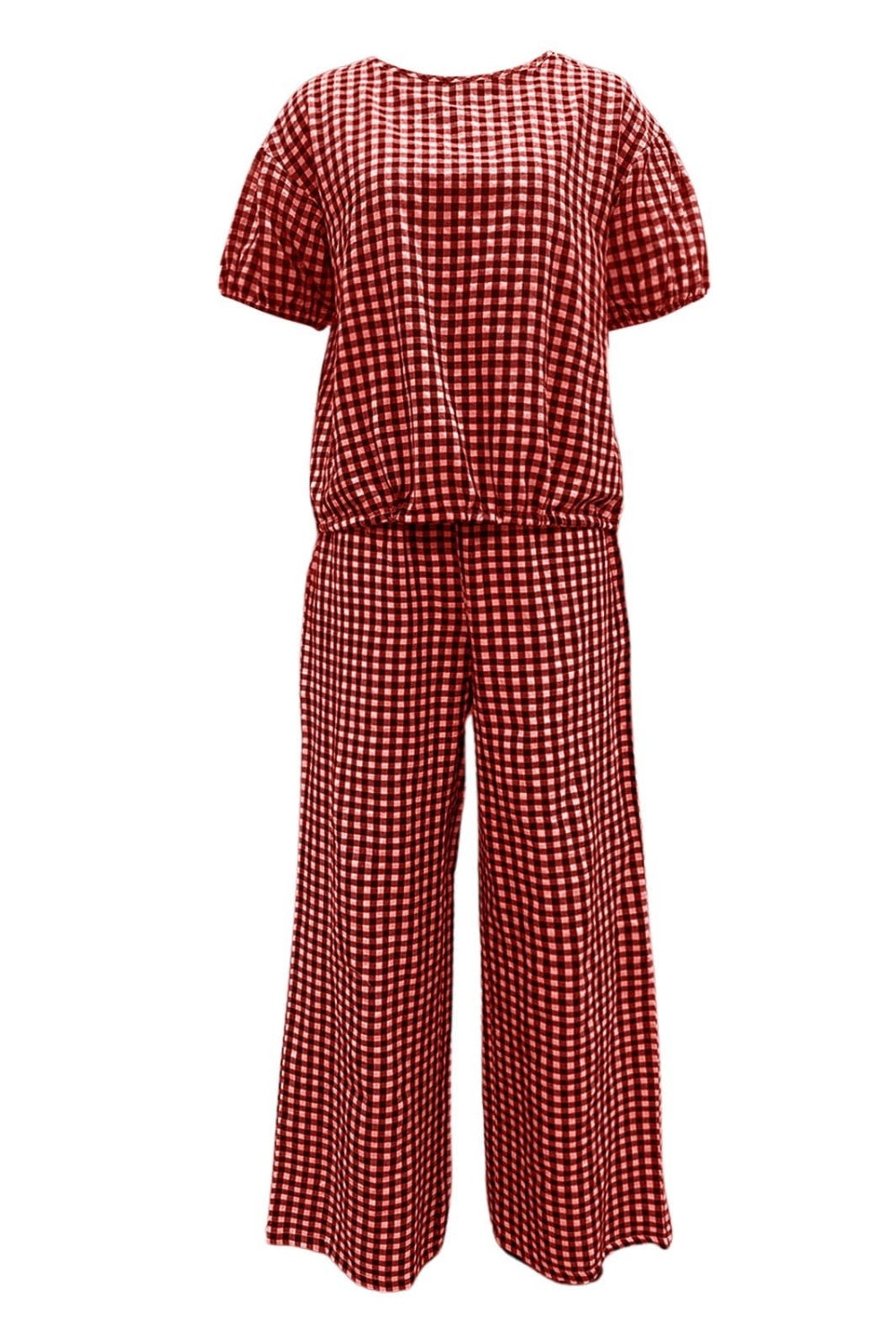 BELLA plaid round neck half sleeve top and pants set in a stylish pattern, perfect for casual or trendy outfits.