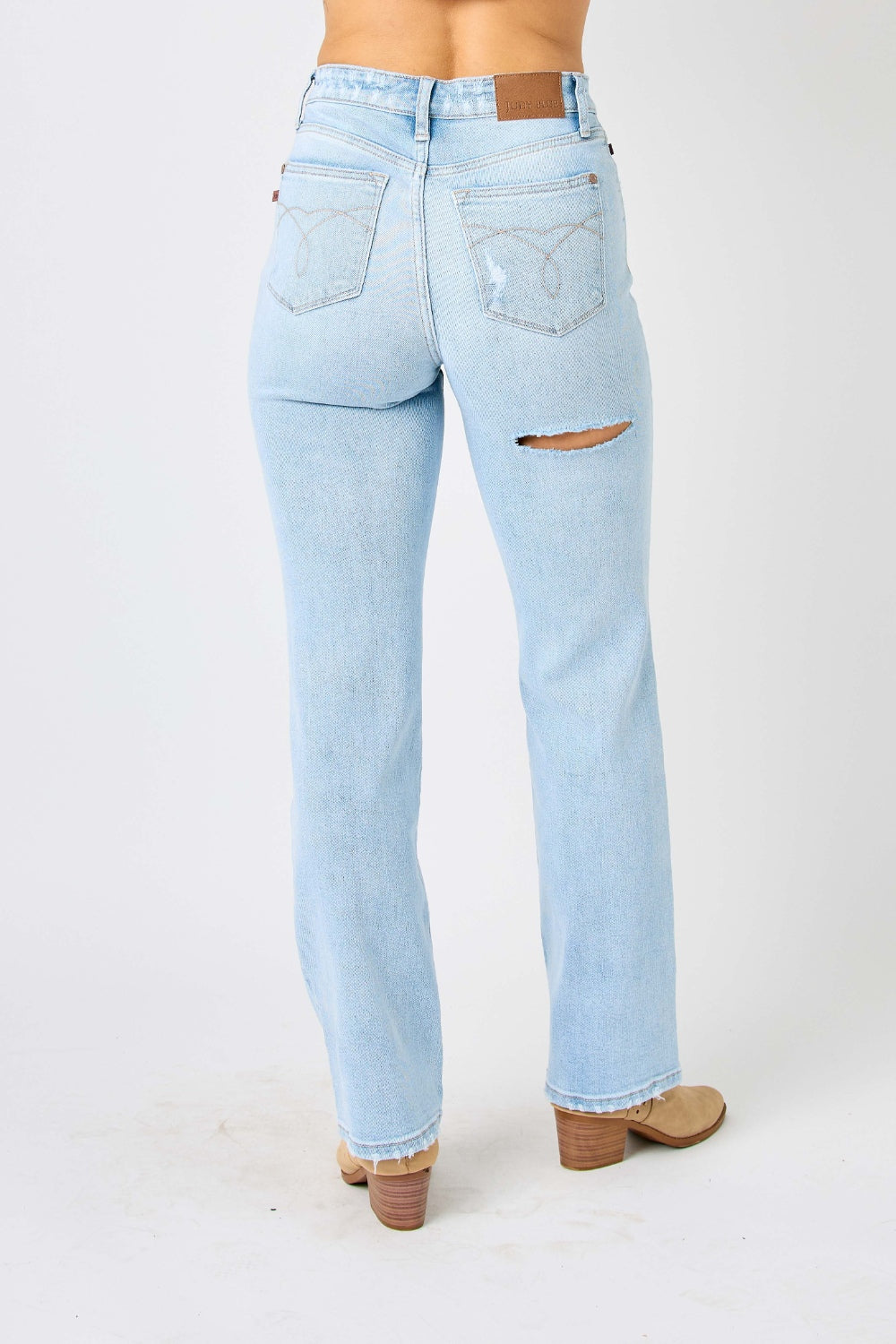 BELLA Judy Blue high waist distressed straight jeans in full size with a trendy fit and ripped details, styled on a model.