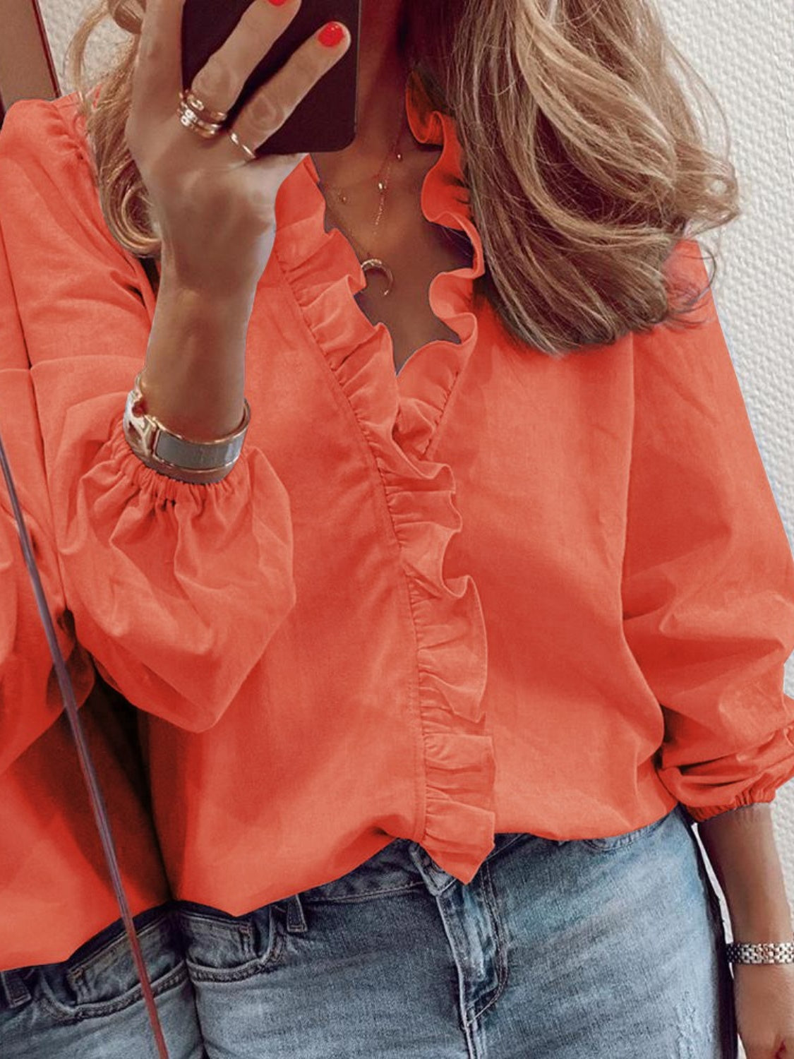 Full size BELLA BLA ruffled v-neck long sleeve blouse with ruffled detailing and a flattering fit, shown on a mannequin.