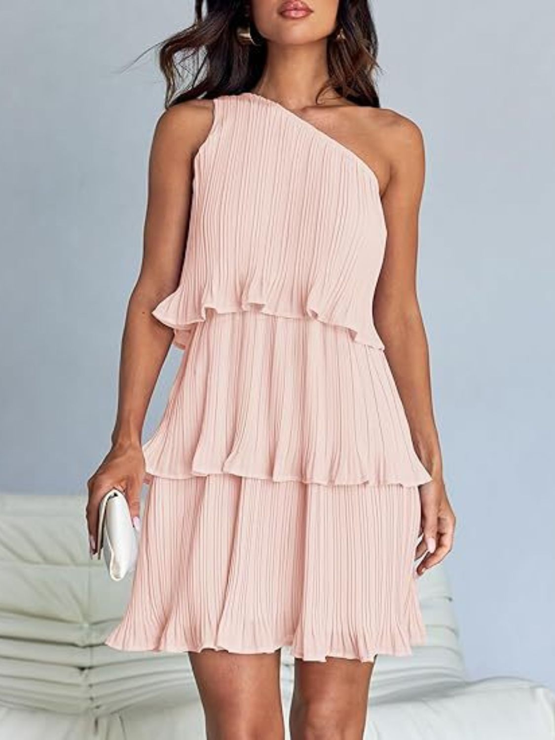 BELLA layered single shoulder mini dress from trendsi, featuring a stylish design with a single shoulder strap and layered detail.