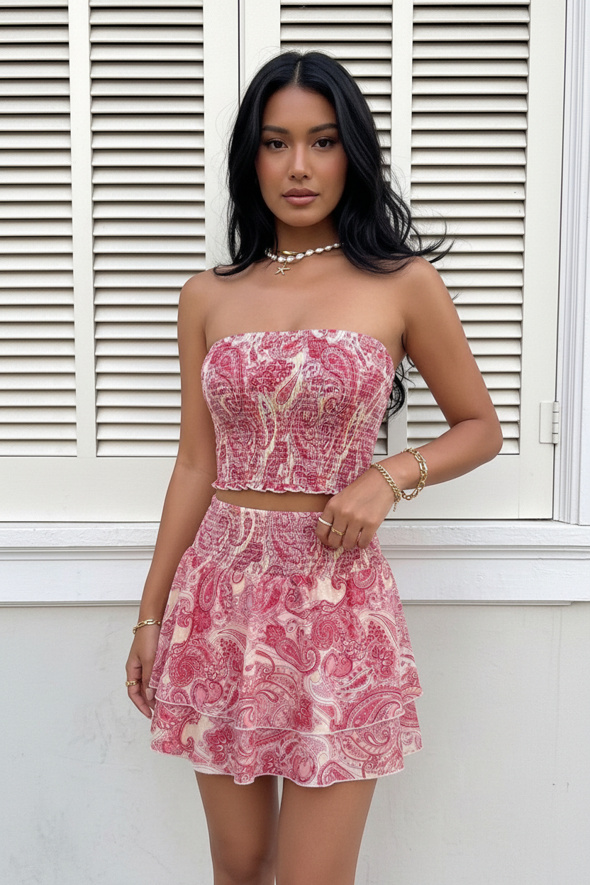 Paisley Print Tube Top and Ruffle Mini Skirt Set