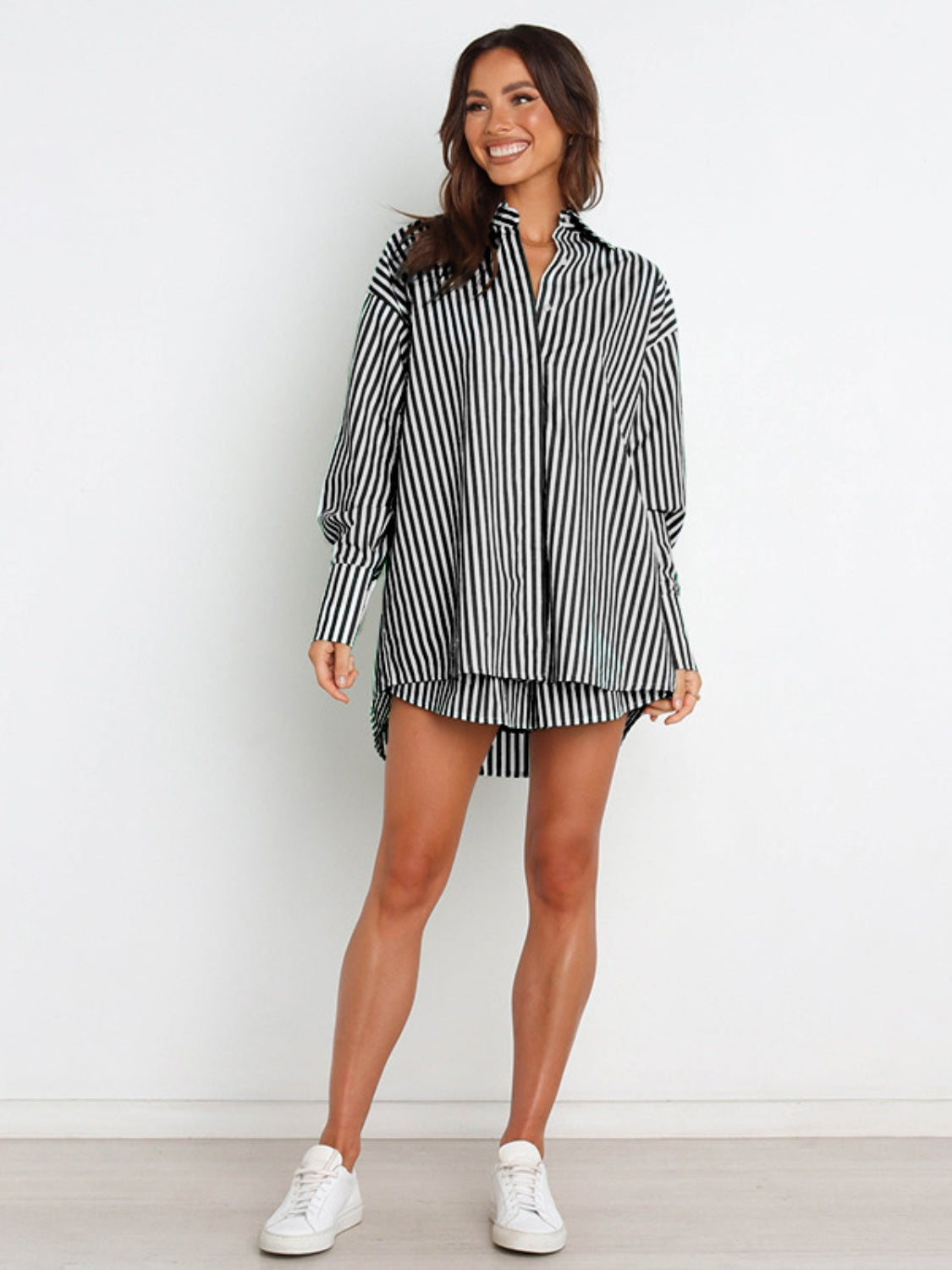 BELLA striped dropped shoulder shirt and shorts set, casual summer outfit with bold stripes and relaxed fit.