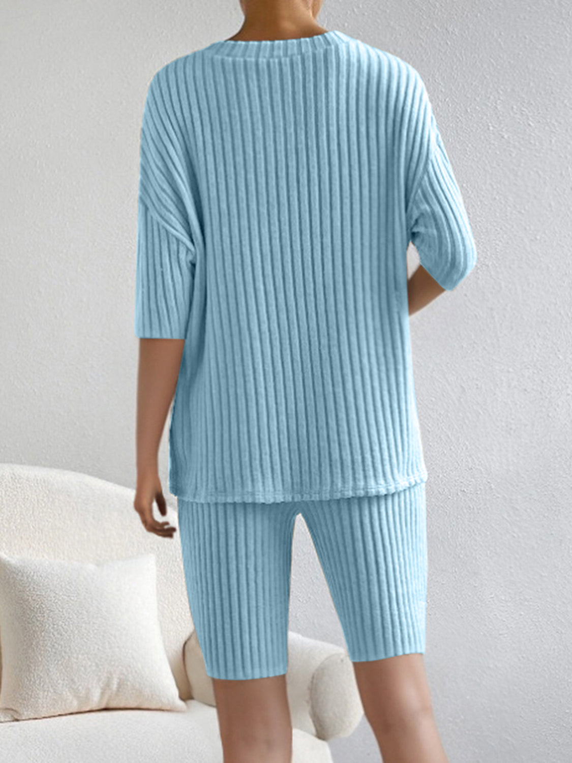 BELLA ribbed V-neck top and shorts set from trendsi, featuring a matching coordinated outfit in soft, textured fabric.