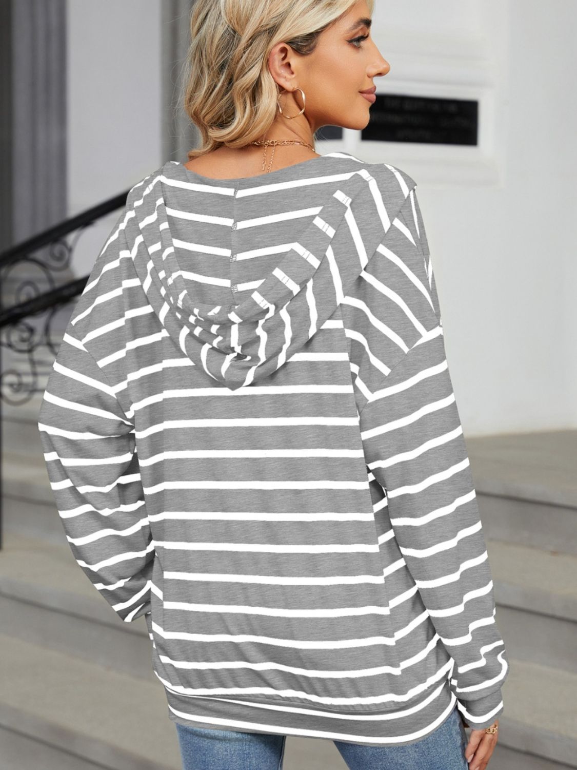 Striped long sleeve hoodie with drawstring from BELLA BLA, featuring a casual fit and trendy design.