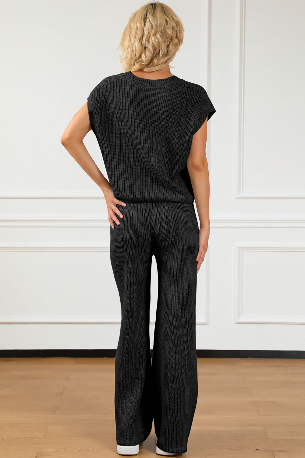 BELLA Trendsi pocketed V-neck top and wide-leg sweater set displayed on a model in a neutral setting.