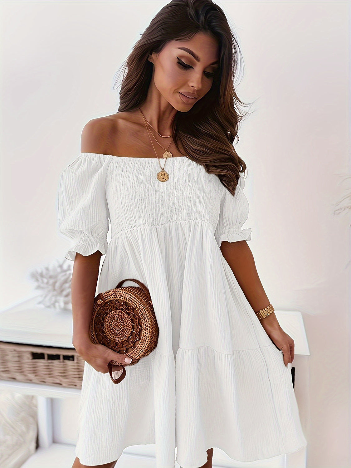 BELLA ruffled off-shoulder short sleeve dress with a full size fit, featuring a stylish and feminine design.
