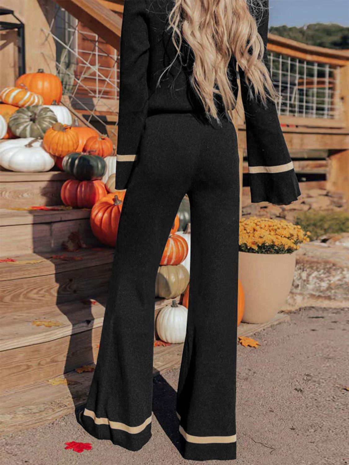 BELLA V-neck long sleeve top and matching pants set, casual loungewear with a comfortable fit, shown in a neutral color.