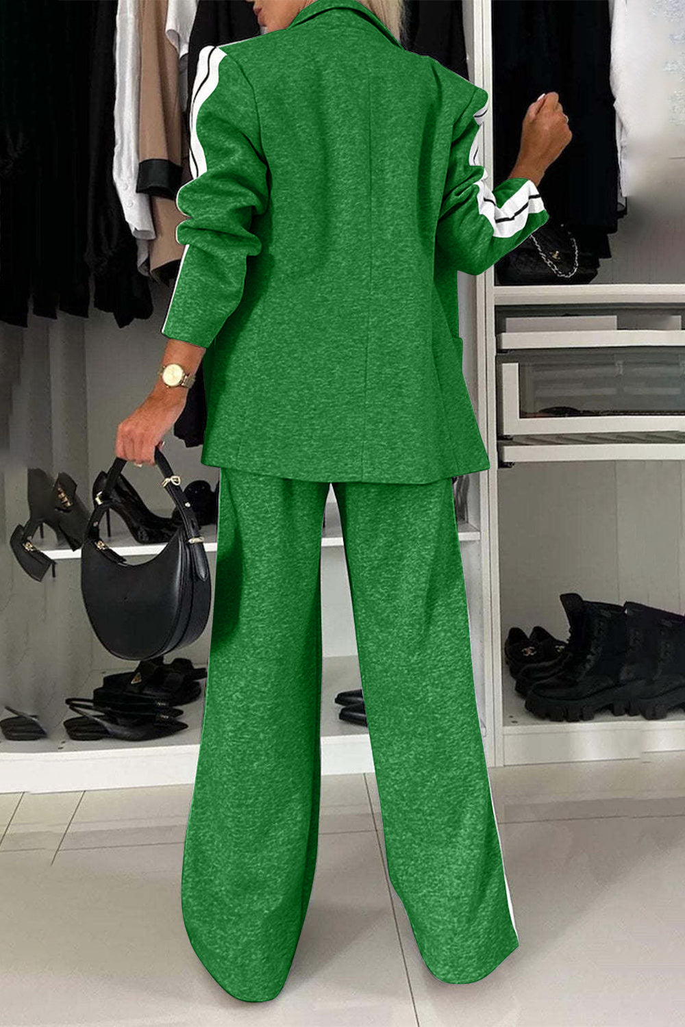 BELLA Trendsi full size contrast lapel collar top and pants set, stylish casual outfit, front view showing color contrast details.