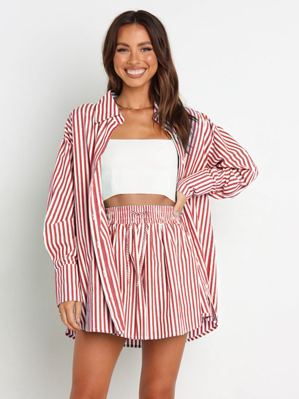 BELLA striped dropped shoulder shirt and matching shorts set, casual summer outfit with relaxed fit and trendy style.