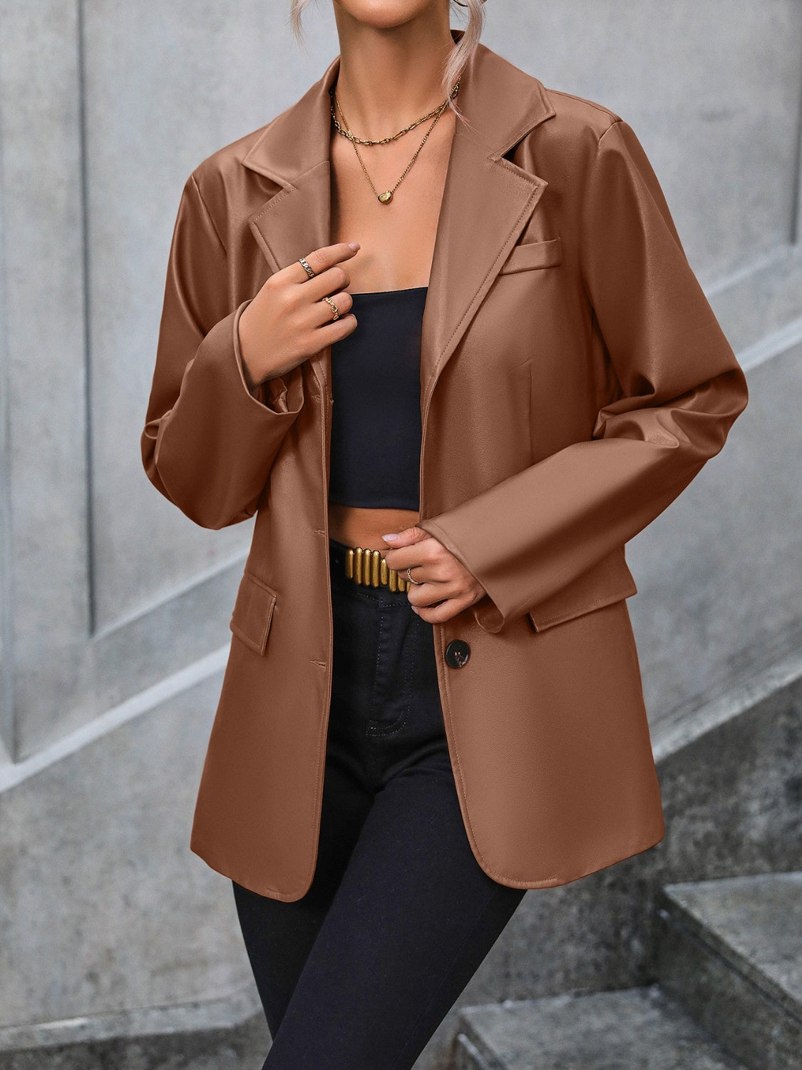 BELLA Ivy Lane pocketed button-up blazer with collar, tailored fit, in classic fabric, shown on a model.