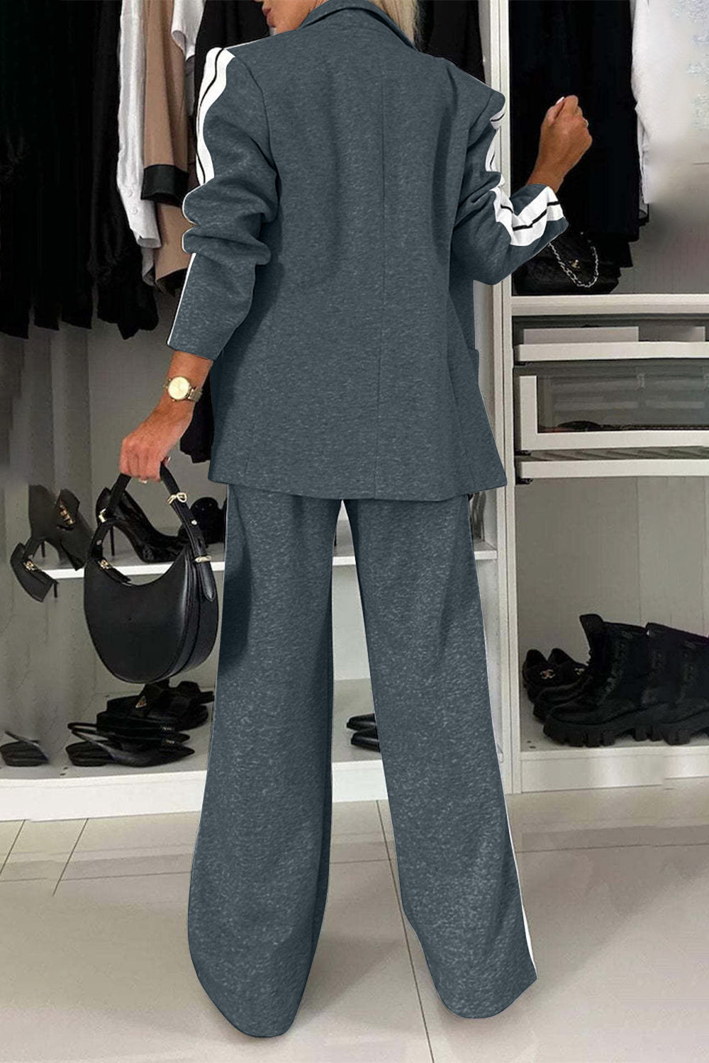 BELLA trendsi full size contrast lapel collar top and matching pants set, stylish contemporary women's fashion, front view.
