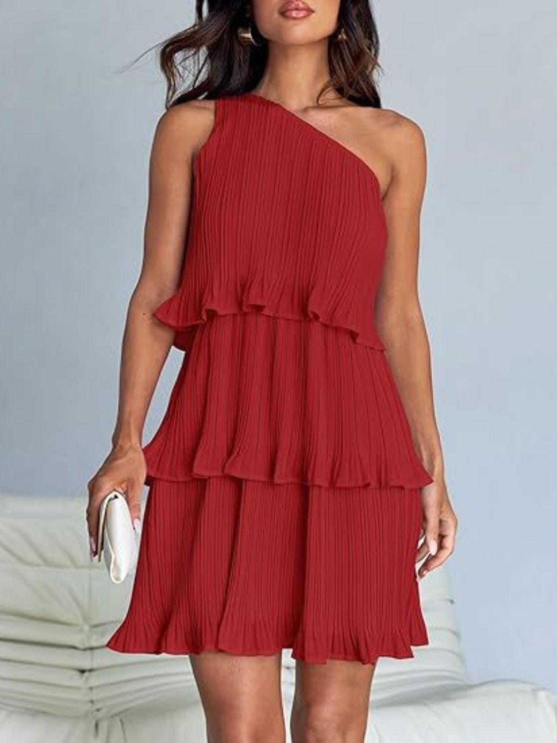 BELLA layered single shoulder mini dress from trendsi, featuring a stylish design with a single shoulder strap and layered details.