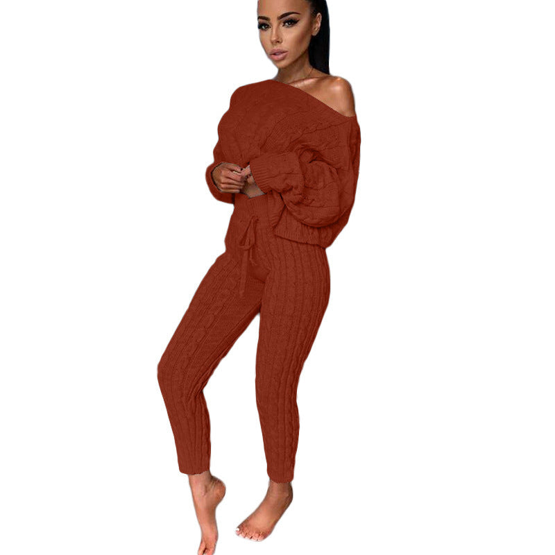 BELLA knitted two-piece set from CJ Drop Aliexpress, featuring a cozy sweater and matching pants in soft knit fabric.