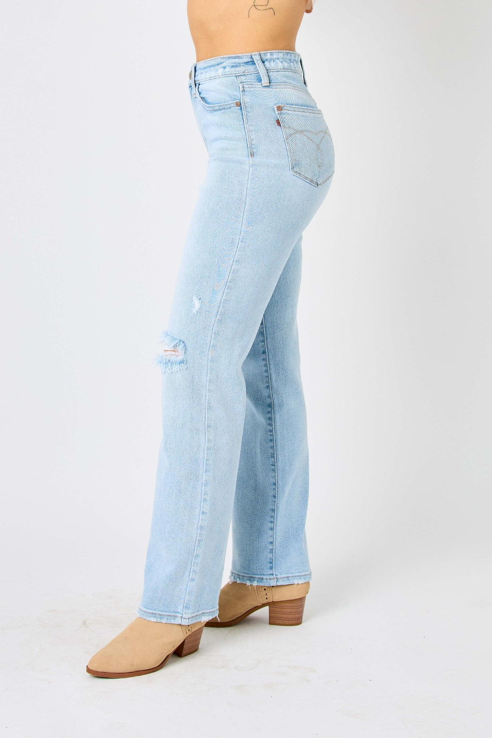 BELLA Judy Blue high waist distressed straight jeans for women, showcasing a full-length view with ripped details and classic fit.