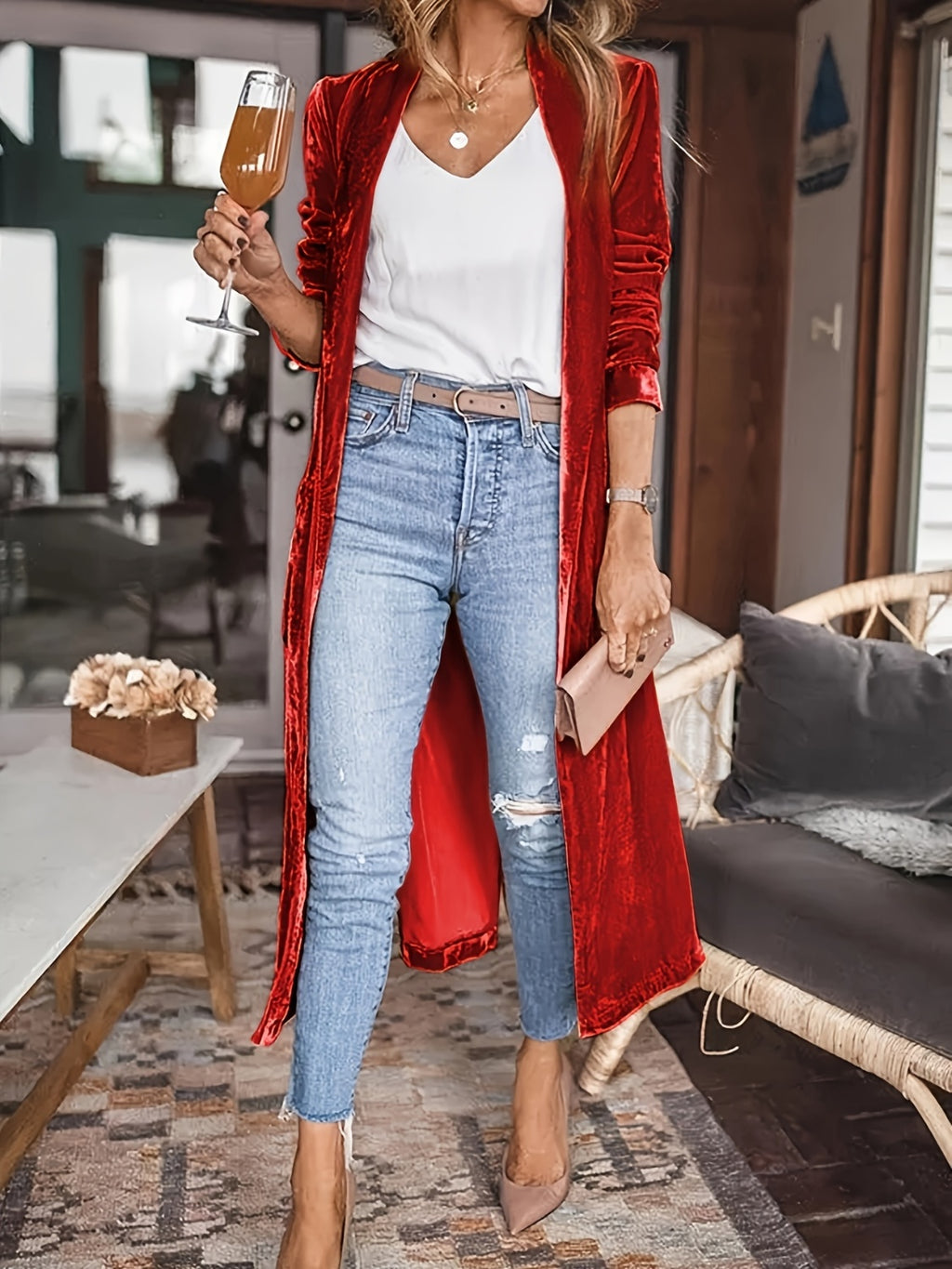 Open front long sleeve coat by BELLA BLA featuring a stylish, lightweight design with a relaxed fit and classic collar.