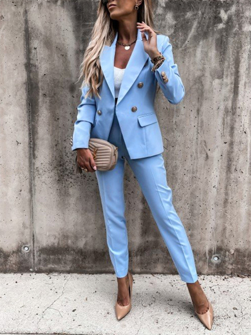 BELLA Trendsi lapel collar long sleeve blazer and matching pants set, stylish formal wear, navy blue color, front view.