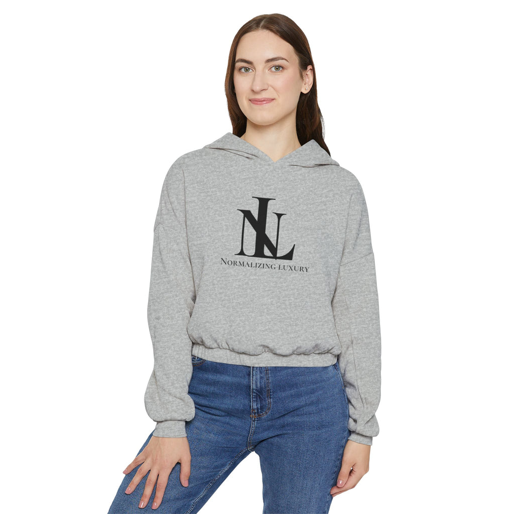 Printify luxury cinched bottom hoodie with a relaxed fit, featuring a drawstring waist and soft fabric in a neutral color.