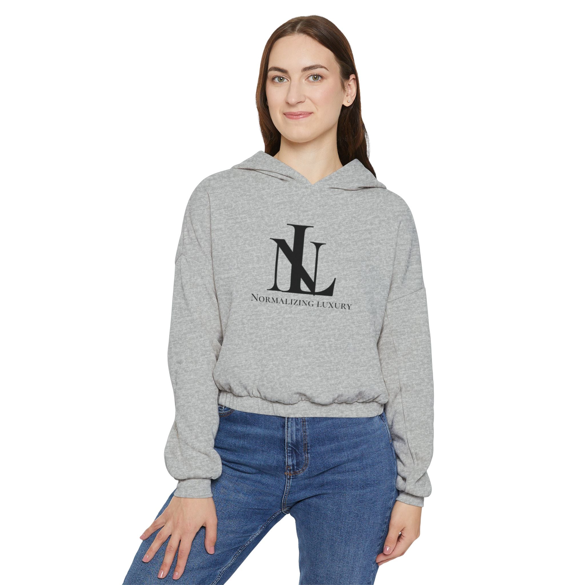Printify luxury cinched bottom hoodie with a relaxed fit, featuring a drawstring waist and soft fabric in a neutral color.