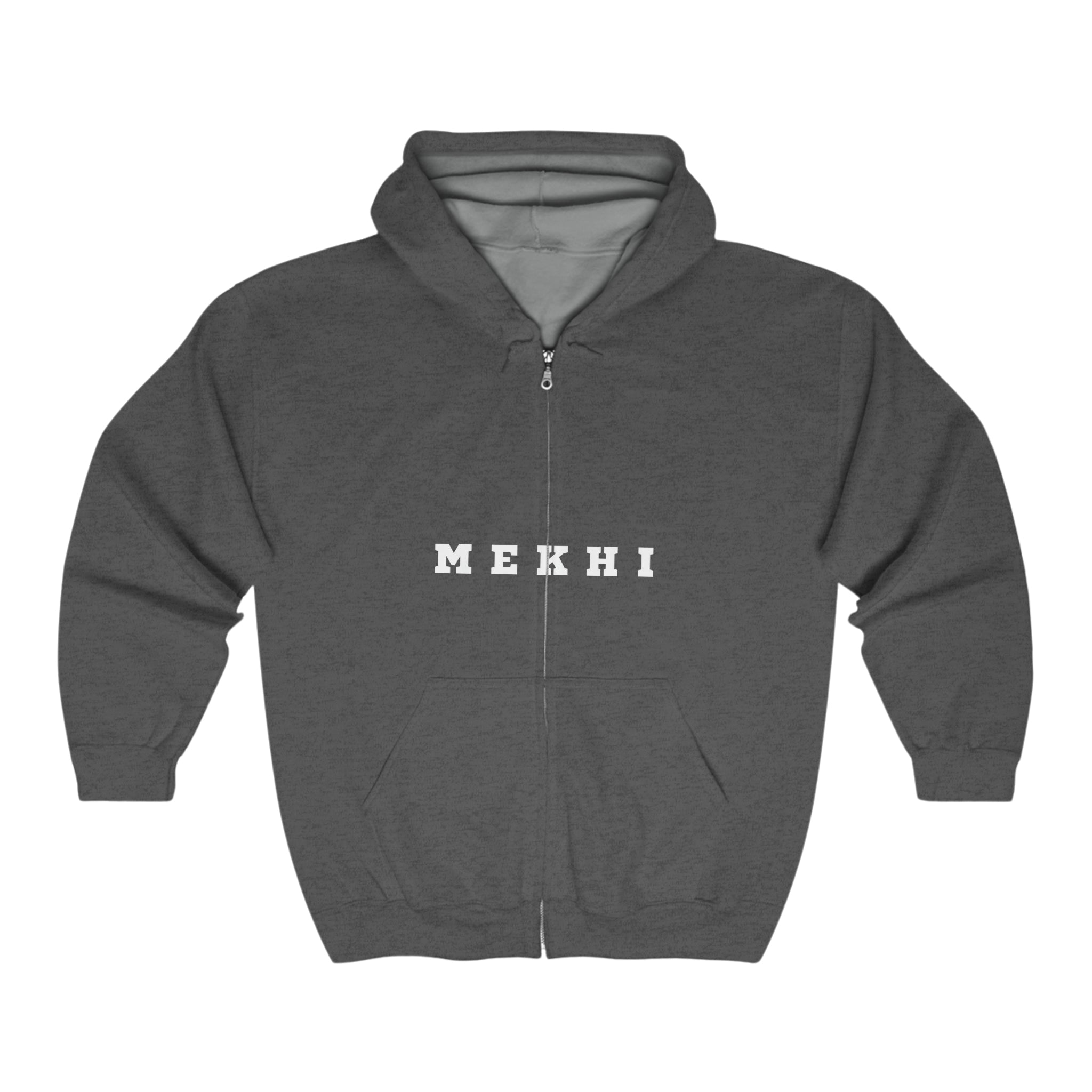 BELLA Signature full zip hooded sweatshirt, gray hoodie with front pockets and adjustable drawstrings, casual and comfortable.